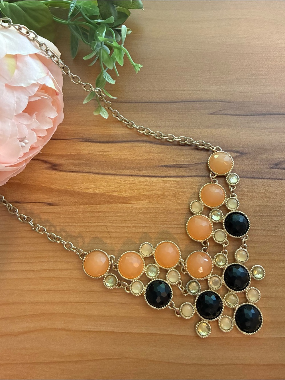 Gold-Tone Statement Necklace with Peach and Black Cabochons